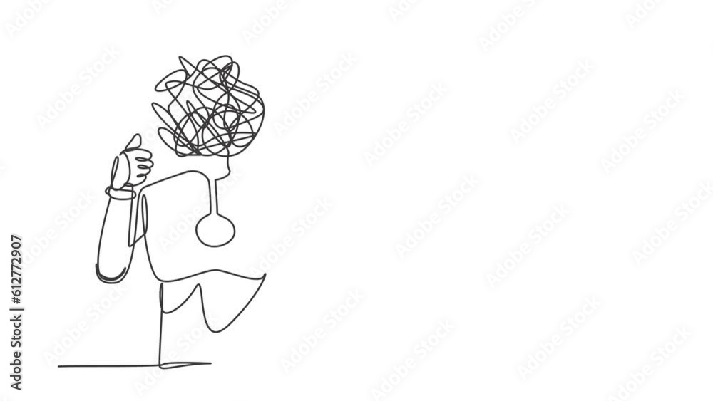 Poster animated self drawing of continuous line draw robot with round scribbles instead of head. confused r