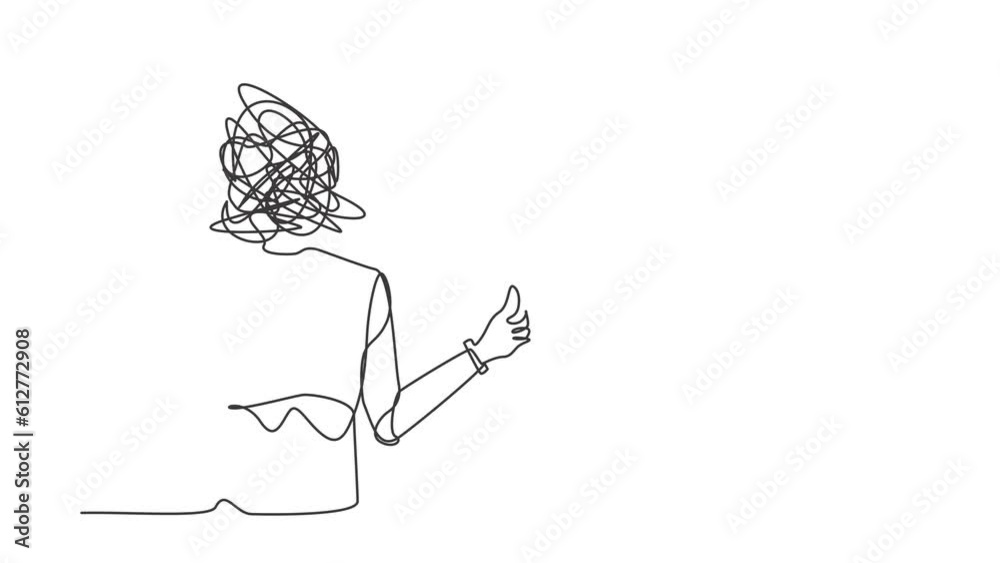Aufkleber self drawing animation of single line draw robot with round scribbles instead of head, showing thumb