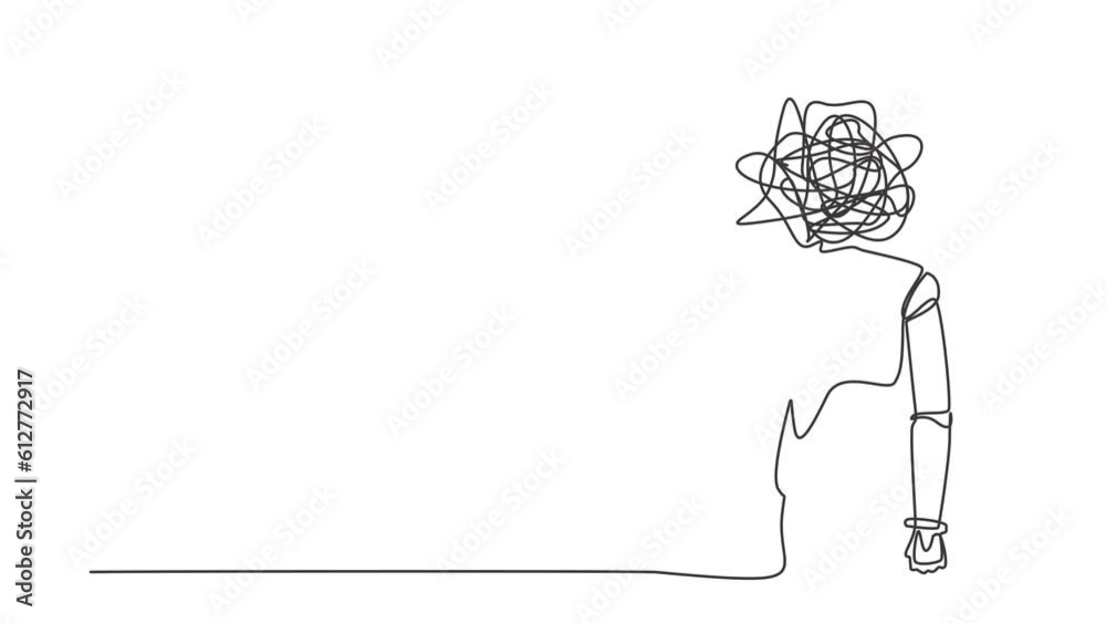 Poster self drawing animation of single line draw robot with round scribbles instead of head, frustrated. a