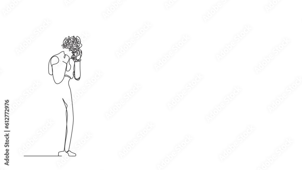 Poster animated self drawing of continuous line draw robot with round scribbles instead of head. distressed