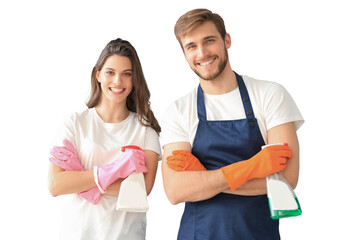 Young happy couple is having fun while doing cleaning at home on a transparent background.