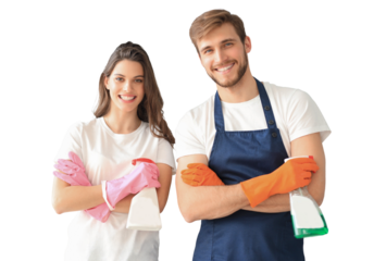 Young happy couple is having fun while doing cleaning at home on a transparent background.
