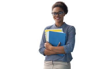 Attractive african american business woman looking at camera and smiling while standing on a transparent background.
