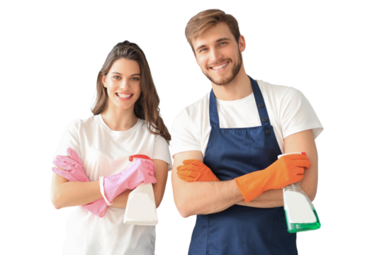 Young happy couple is having fun while doing cleaning at home on a transparent background.