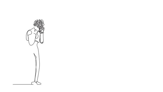 Animated self drawing of continuous line draw robot with round scribbles instead of head. Distressed robot hand on head, overwork, suffer headache. Future technology. Full length one line animation