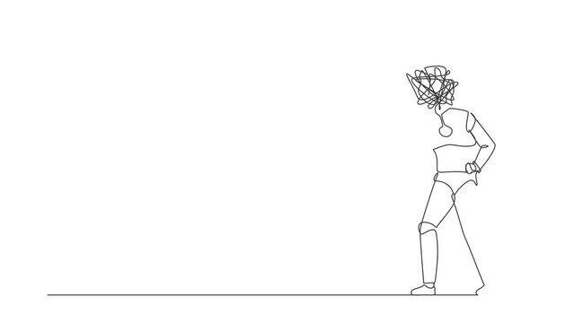 Self drawing animation of single one line draw robot with round scribbles instead of head, conflicting. Blaming, criticizing. Humanoid robot cybernetic organism. Continuous line. Full length animated