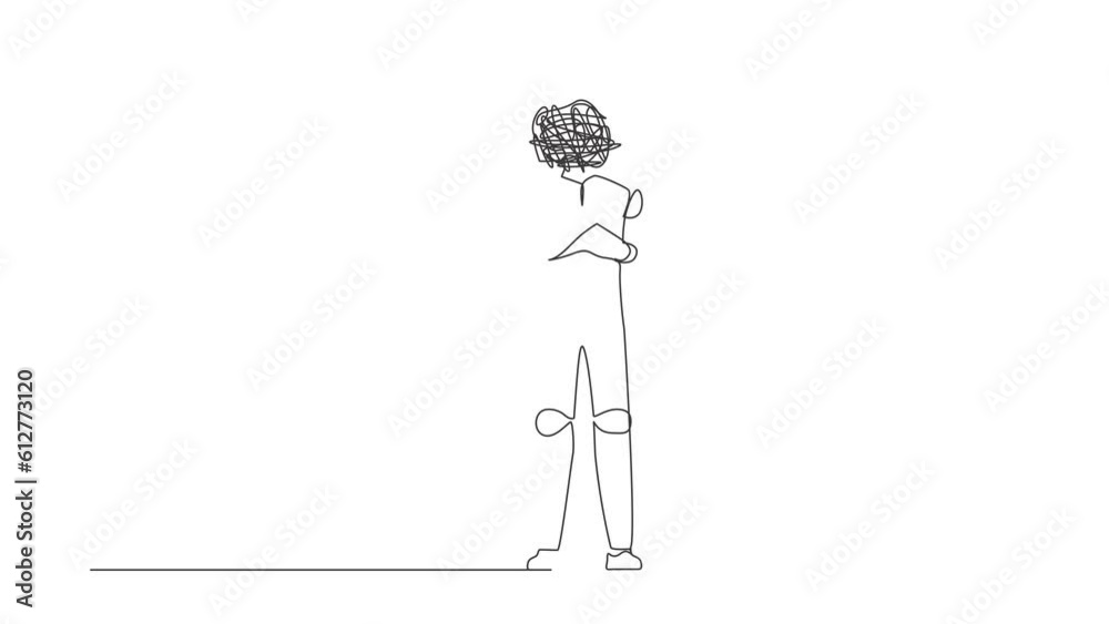 Poster animated self drawing of continuous one line draw robot with round scribbles instead of head. fist c