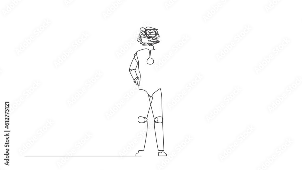 Poster animated self drawing of continuous line draw robot with round scribbles instead of head, standing h