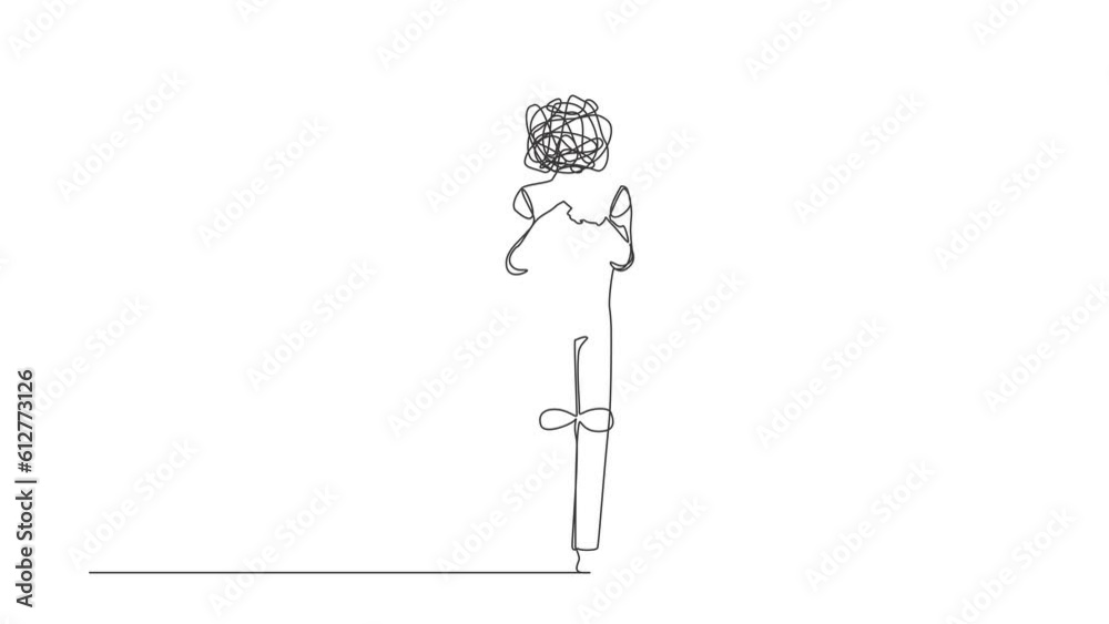 Poster self drawing animation of single one line draw robot with round scribbles instead of head, standing 