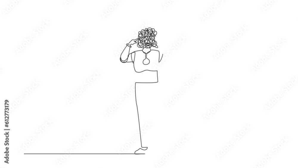 Poster animated self drawing of continuous line draw robot with round scribbles instead of head, covering e