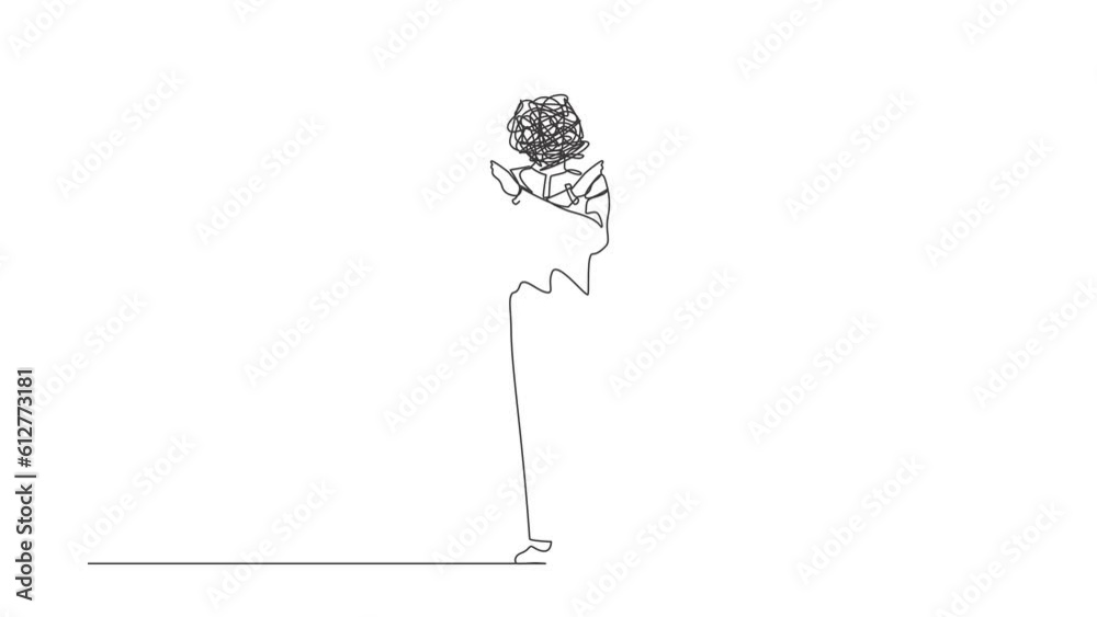 Poster self drawing animation of single line draw robot with round scribbles instead of head, standing with