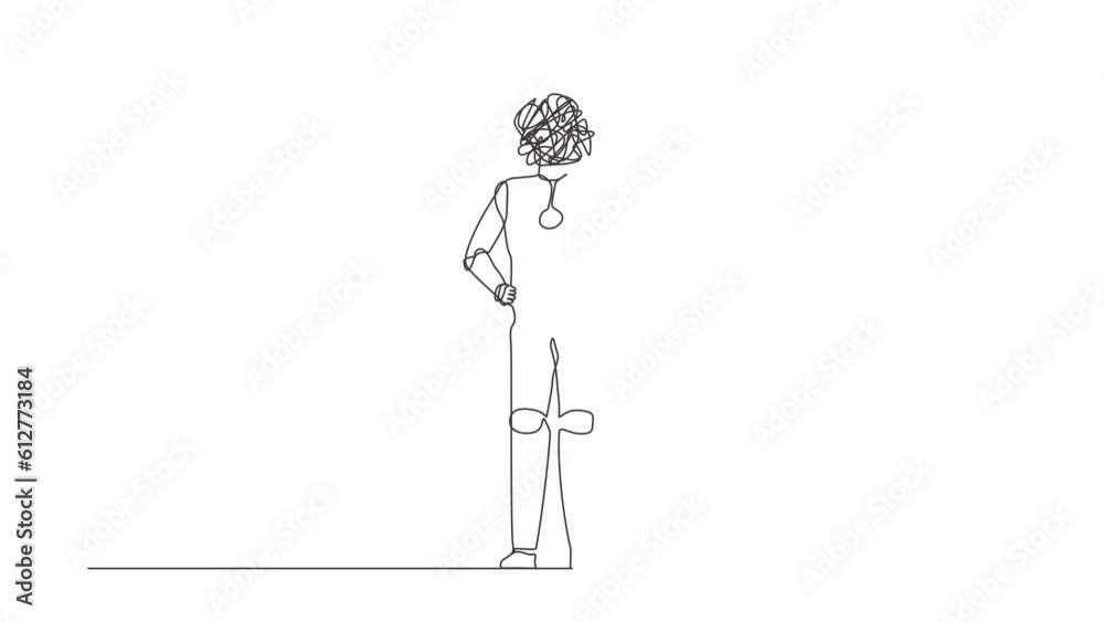Poster self drawing animation of single line draw robot with round scribbles instead of head, rejecting som
