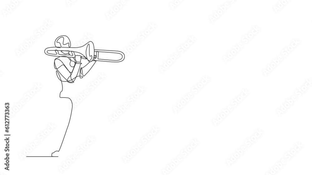 Poster animated self drawing of continuous one line draw robot play trombone wind instrument at music event