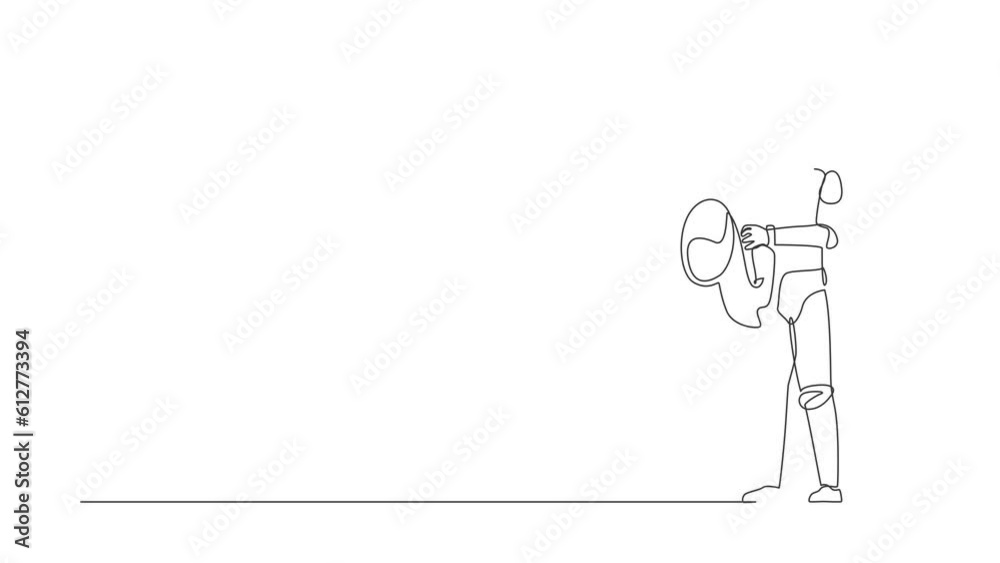 Poster self drawing animation of single line draw robot saxophonist perform in festival jazz music. future 