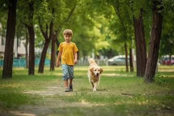child walking with dog in summer park