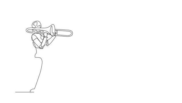 Animated self drawing of continuous one line draw robot play trombone wind instrument at music event. Humanoid robot cybernetic organism. Future robotic development. Full length single line animation