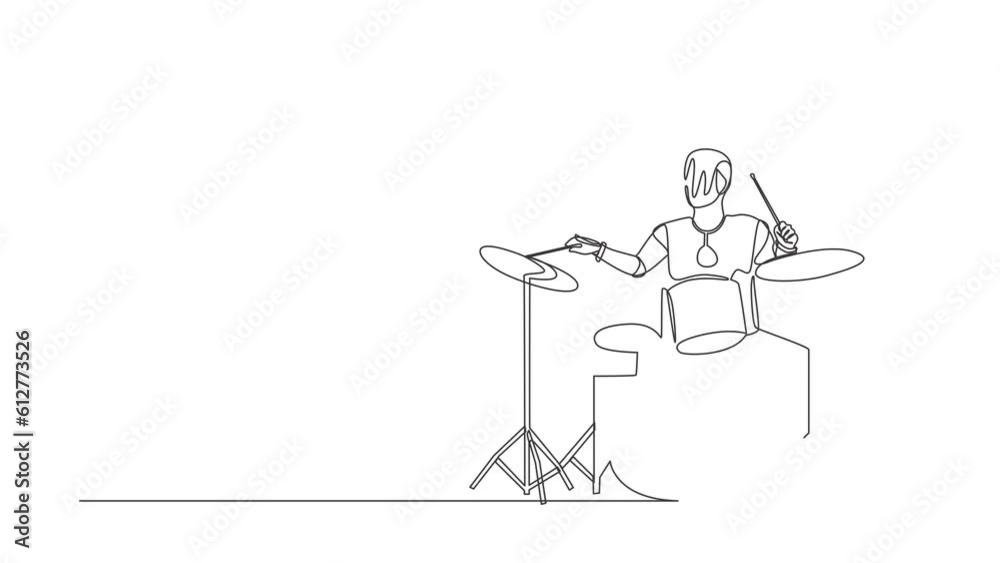 Poster self drawing animation of single line draw robot playing drum instrument at music pop. technology de