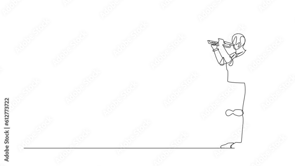 Poster self drawing animation of single line draw robot playing trumpet at jazz music orchestra. future tec