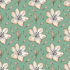 Hand drawn seamless pattern of blooming pink lilies. Colorful flowers and branches with leaves. Decorative floral vector illustration for greeting card, invitation, wallpaper, wrapping paper, fabric