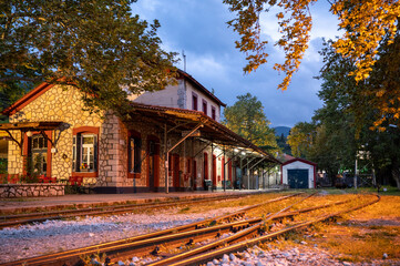 Old train station of Kalavrita in Greece after nightfall
