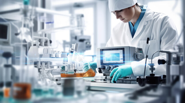Researcher working in the biotechnology laboratory with scientific material. Technician performing analysis in the diagnostic analysis equipment of the Laboratory. Generative Ai.