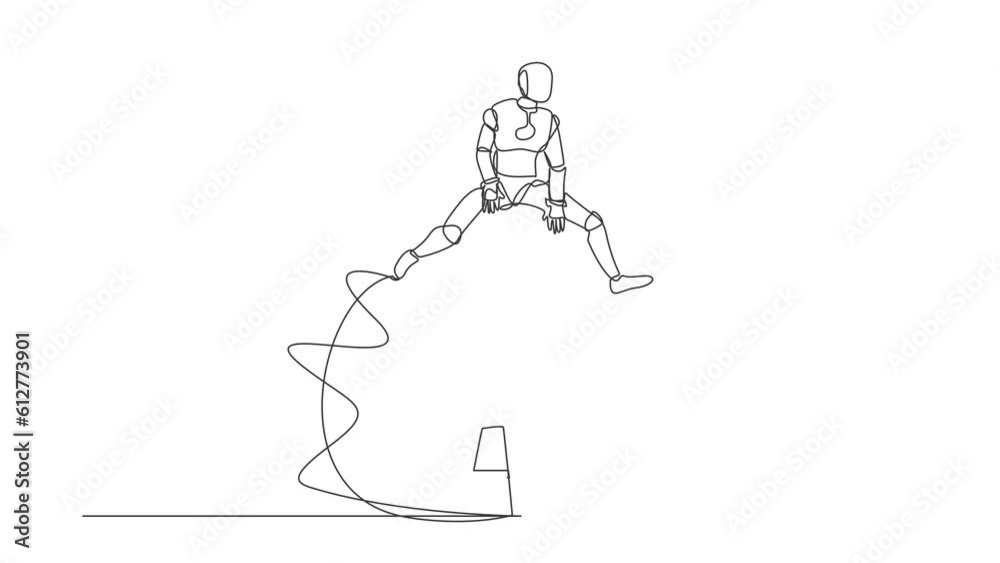 Poster self drawing animation of single line draw robot jumping on archery bullseye target. achievement tar