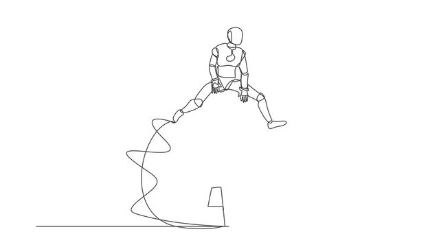 Self drawing animation of single line draw robot jumping on archery bullseye target. Achievement target goals. Future technology. Artificial intelligence. Continuous line draw. Full length animated
