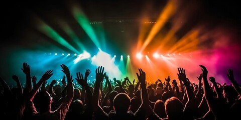 Plakat Vibrant concert crowd with hands raised and colorful light beams. Finest generative AI.
