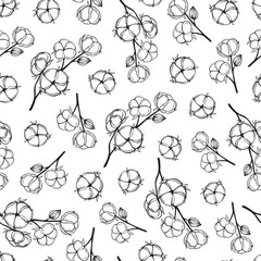 Hand drawn seamless pattern of black and white cottons. Botanical cotton plant and branches with leaves. Decorative floral vector illustration for greeting card, wallpaper, wrapping paper, fabric