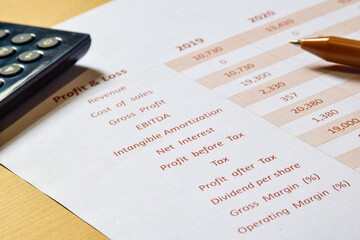 Selective focus on the balance sheet with calculator. Business concept. 