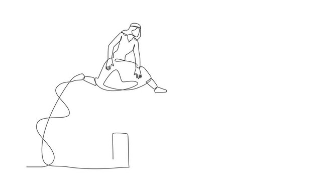 Self drawing animation of single line draw Arab businessman jumping over house. Obligation housing loan. Mortgage agreement to bank. Investment in business. Continuous line draw. Full length animated