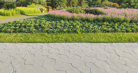 Road sidewalk with flower bed. Flower garden on the side of stone pathway in the park