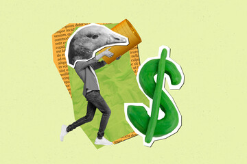 Creative collage image of black white effect guy bird head arms hold money coins big dollar symbol...