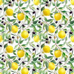 Beautiful seamless pattern with hand drawn watercolor yellow lemons on branches with leaves and black olives. Stock illustration.