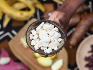 Baobab fruit or Adansonia digitata on plate, pulp and powder, superfood on the island of Zanzibar,...