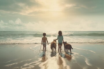 Two children on the sea coast walking with dogs from the back, ai generated