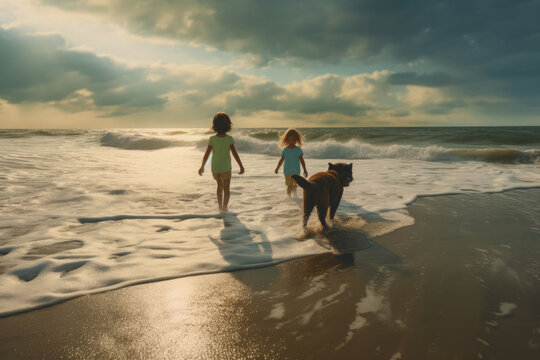 Two children on the sea coast walking with dog