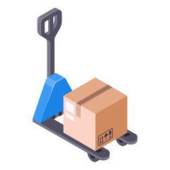 Isometric warehouse pallet jack. Hydraulic trolley with cardboard boxes. Logistic loading trolley 3d vector illustration