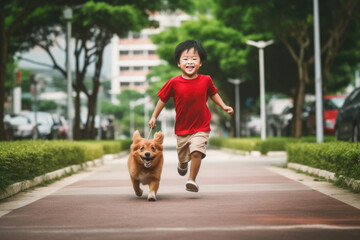 sian child in red clothes runs next to the dog