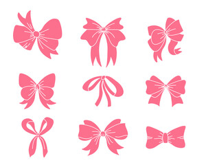 Gift bow set. Pink silhouette, birthday and christmas elegant ribbons for presents decoration. Different decor for boxes packaging. Wrapping elements, cards wrap pack vector isolated set