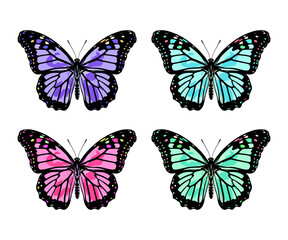 Obraz na płótnie Canvas Beautiful colorful set butterfly cartoon exotic vector isolated on white pastel light blue butterfly with colorful wings and antennae sticker flat design