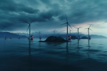 windmills to generate electricity in the water against a stormy sky