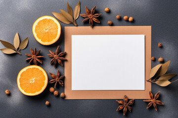 mock-up, blank white sheet, card, anise, oranges, cinnamon, Christmas 