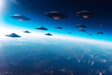 Obraz na płótnie Canvas ufo disc in the sky, flying saucers of extraterrestrial civilization generative ai