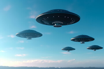 Fototapeta na wymiar ufo disc in the sky, flying saucers of extraterrestrial civilization generative ai