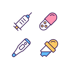 Clinical equipment pixel perfect RGB color icons set. Measuring temperature. Injection and capsule drug form. Isolated vector illustrations. Simple filled line drawings collection. Editable stroke