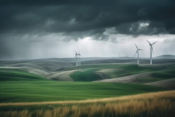 windmills stand in a dark green field