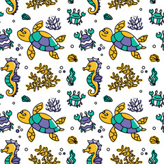 Sea life, summer print for kid textile and other products. Seamless pattern. Vector.
