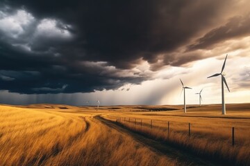 windmills stand in a wheat field