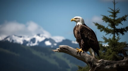 A majestic bald eagle perched on a branch overlooking a magnificent mountain range, with its wings spread wide against a clear blue sky, capturing the essence of freedom and power. Generative AI